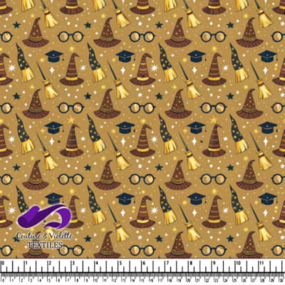 Magical wizard hats brooms graduation caps and glasses