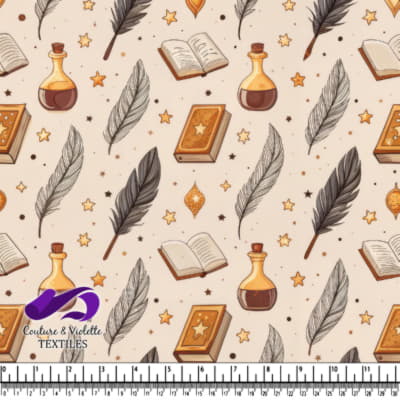 Motif magique avec livres de sorts, plumes, potions et étoiles