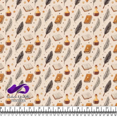 Motif magique avec livres de sorts, plumes, potions et étoiles