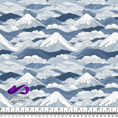 Montagnes bleues aux sommets enneigés et nuages tourbillonnants