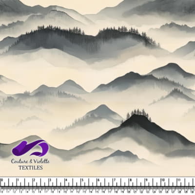 Mountain landscape with silhouettes of trees and hills