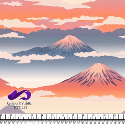 Paysage montagneux stylisé avec nuages et couleurs de coucher de soleil