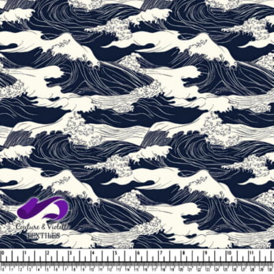 Stylized navy blue and white ocean waves