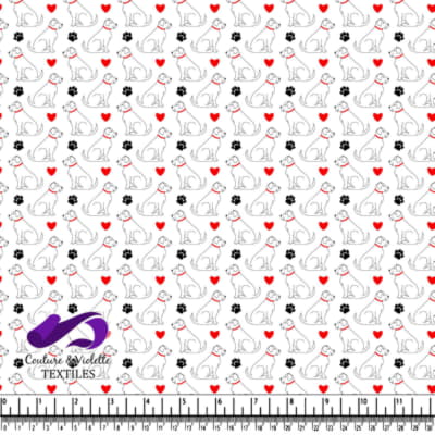 White Dog Pattern with Red Hearts and Black Paw Prints