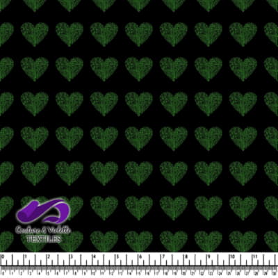 Green Heart Pattern on Black Background Fabric Design