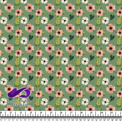 Motif floral rose et blanc sur fond vert