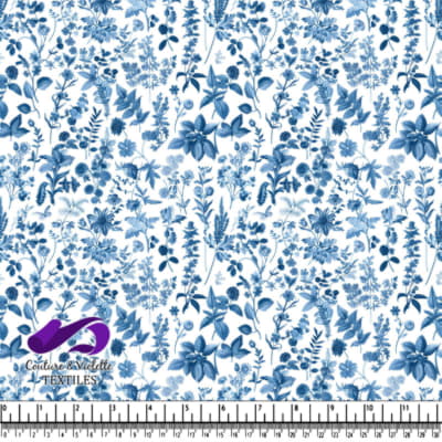 Motif botanique floral bleu sur fond blanc