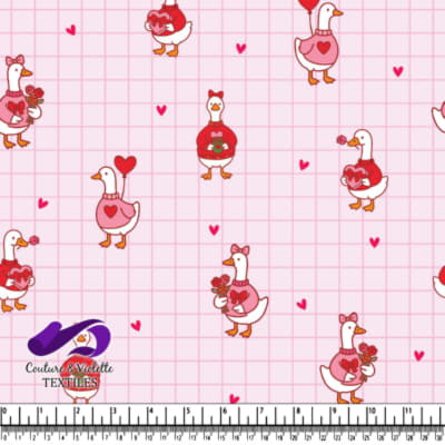 Valentine Hearts and Ducks on Pink Checkered Background Fabric