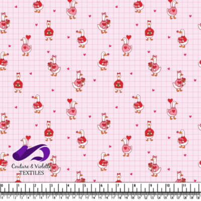 Valentine Hearts and Ducks on Pink Checkered Background Fabric