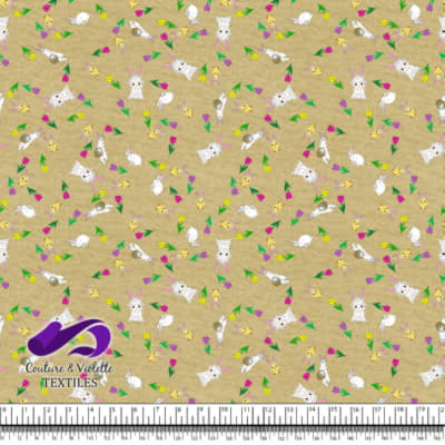 Pâques - Furets et amis avec des tulipes sur un fond jaune mousse séchée