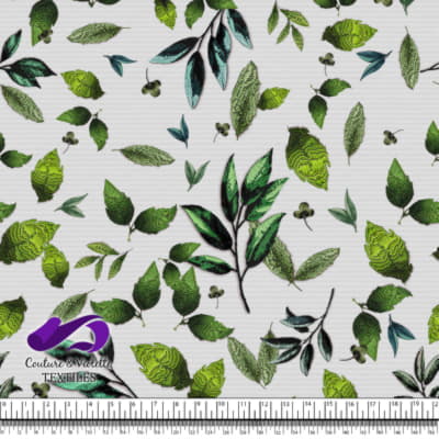 Embroidery bloom - Feuilles sur fond de lin blanc