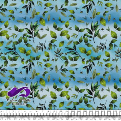 Embroidery bloom - Feuilles sur fond bleu