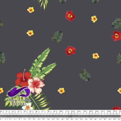 Tropical - hibiscus et palmier - Anthracite